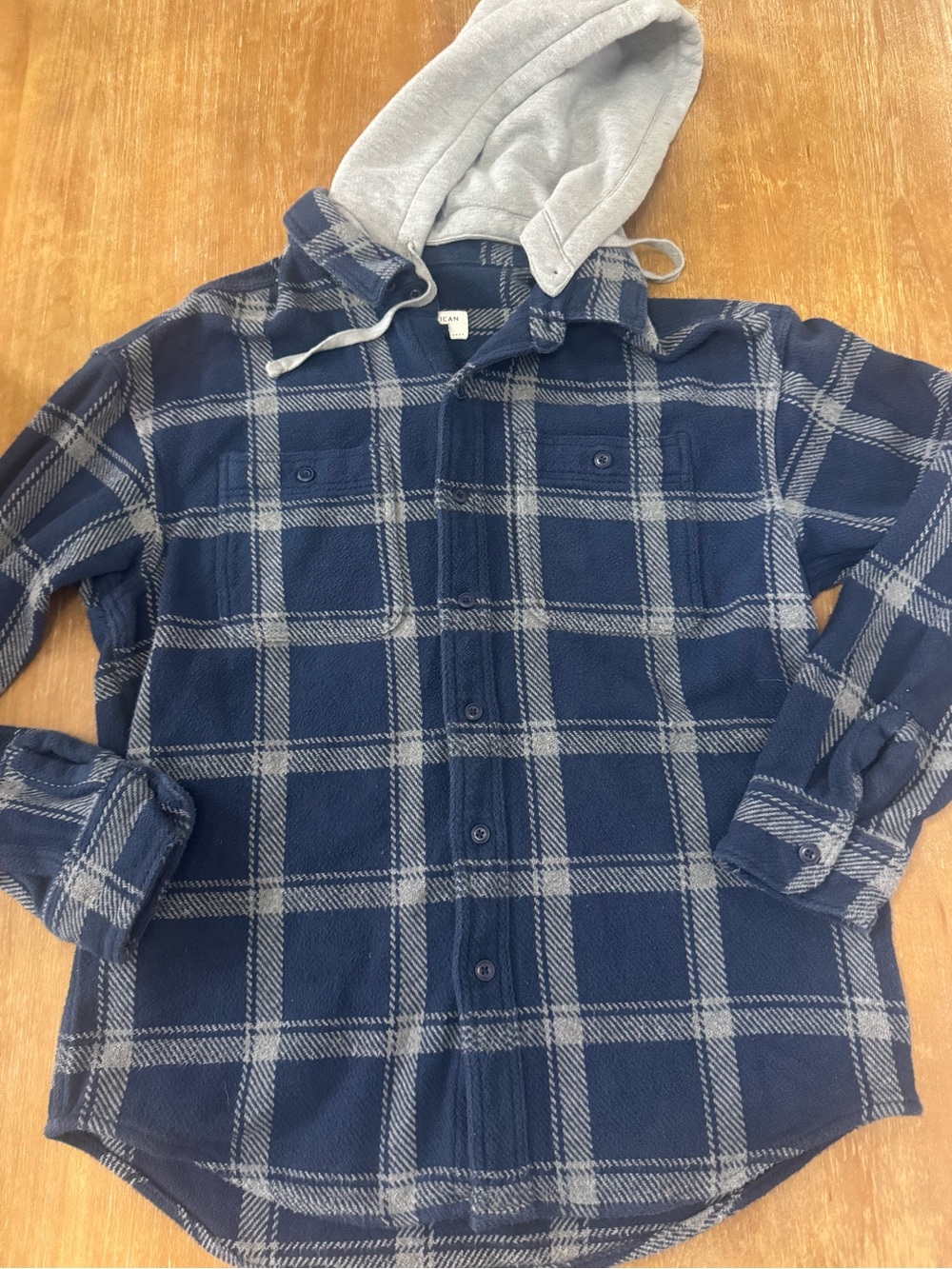 American Eagle Outfitters Navy and Gray Plaid Hooded Button-Down Shirt